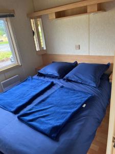 FraizeLe Cottage的一张蓝色的大床,配有蓝色床单和枕头