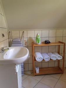 Teleśnica OszwarowaAgroturystyka "U Macieja"的浴室设有水槽和带毛巾的架子。