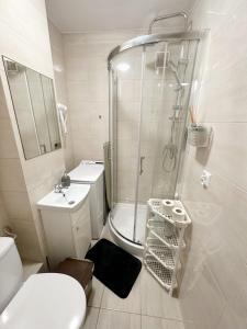 华沙Anielewicza 26 Rooms的带淋浴、卫生间和盥洗盆的浴室