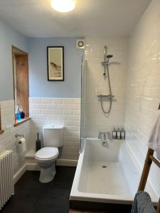 惠特利湾Stunning Whitley Bay apartment的浴室配有卫生间、浴缸和水槽。
