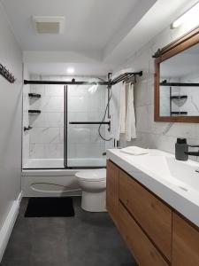 OrfordChalet Détente Orford的带淋浴、卫生间和盥洗盆的浴室