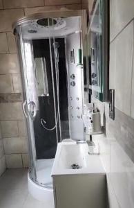 弗里敦Rooftop Villa的一间带水槽、淋浴和镜子的浴室