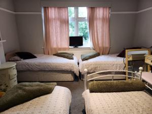 South NorwoodSpacious Room with Garden in Croydon London的一间设有四张床和电视的房间