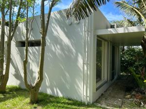 石垣岛727セブンツーセブン石垣島ベース的白色的房子,有窗户和棕榈树