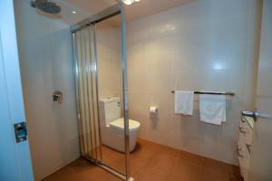 悉尼Har 55 3 bedroom Self-Catering的一间带卫生间和玻璃淋浴间的浴室