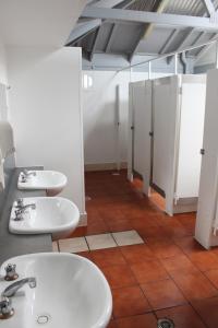 艾利斯斯普林斯YHA Alice Springs的一间带三个水槽和摊位的浴室