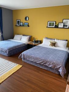 济州市Jeju Claire de lune的一间卧室设有两张床和黄色的墙壁