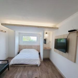 西归浦市Jeju Soroan Pension的一间卧室配有一张床和一台平面电视