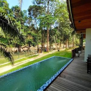 Kampung Sunjai GapoiZen Forest Entire Villa with Private Pool at Karak的木甲板旁的游泳池