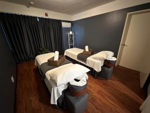 塞班Paradiso Resort & Spa的一间医院房间,设有三张床和窗户