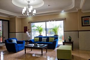 巴拿马城米兰巴拿马酒店的客厅配有蓝色的家具和大窗户
