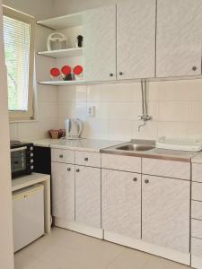 科尼茨斯巴果公寓的厨房配有白色橱柜和水槽