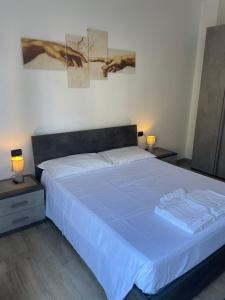 诺瓦拉Accogliente Loft ben servito的一间卧室配有一张带蓝色床单的床和两盏灯。