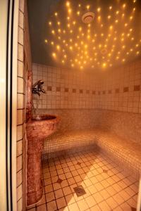 坎波图雷斯Roanerhof的浴室配有水槽和带灯的浴缸。
