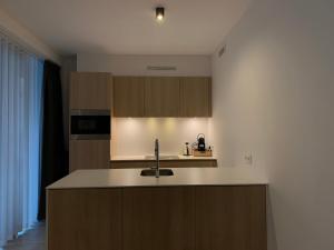 奥斯坦德Stijlvol appartement in trendy wijk Oostende的厨房配有水槽和台面