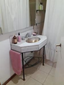 开门La Colorada, home for... La Amistad Polo的浴室水槽配有粉红色的毛巾和镜子