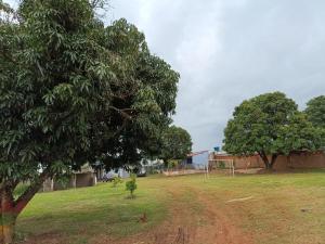 帕苏斯Chacara Tropicalia的两棵树和一个足球门的场地