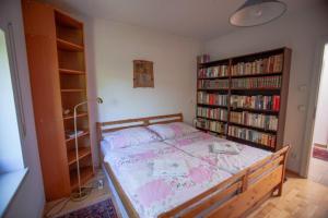 伊布斯河畔魏德霍芬Privatzimmervermietung Margit的一间设有书架的房间的卧室
