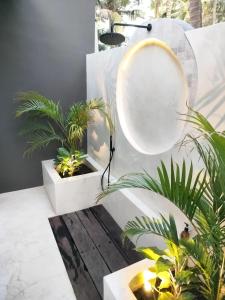 吉利阿尔Villa Luna - Gili Air的浴室设有盆栽植物和镜子