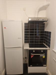 伦敦Manhattan Studio flat northbridge services的厨房配有炉灶和冰箱。