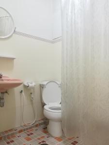 Ban Fang MinYMCA International Hotel Chiangrai的一间带卫生间和淋浴帘的浴室
