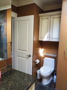 温哥华Elegant, Sunny Modern Home with Skylights - Kitsilano, Vancouver的浴室配有白色卫生间和盥洗盆。