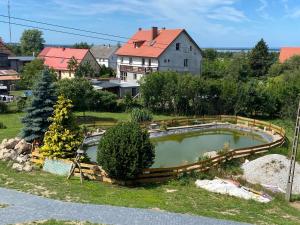 达尔沃沃Agroturystyka Barzowice的庭院里的池塘,后面有房子