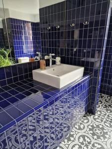 艾镇Maison Marcks Champagne的蓝色瓷砖浴室设有白色水槽