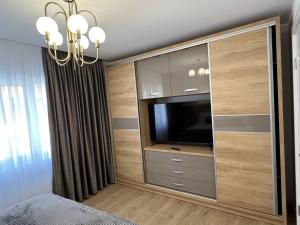 阿尔杰什河畔库尔泰亚Luxury Apartment Centrul Vechi的一间卧室设有带电视的大型娱乐中心