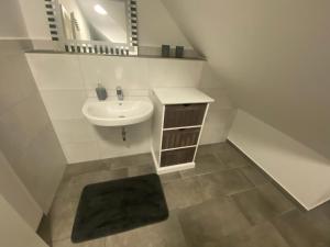 拜罗伊特Colmdorf Ferienhaus的白色的浴室设有水槽和镜子