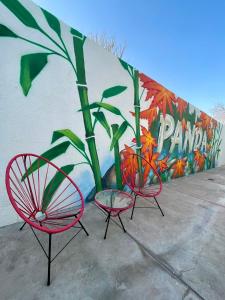 门多萨Panda Hostel Mendoza的两把红色椅子和墙上的植物