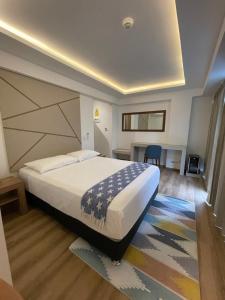 皮乌拉Grau Business Hotel的卧室配有一张白色大床和一张书桌