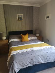 斯旺西Y Cuddfan Gower的一间卧室配有一张带黄色枕头的大床