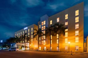 卡门城卡门城市快捷酒店的一座棕榈树环绕的大建筑