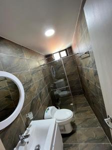 GuadalupeHOTEL SENDERO LAS GACHAS的一间带卫生间、水槽和镜子的浴室