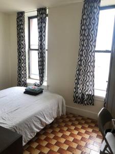 纽约1C CLOSe的一间卧室配有床和两个带窗帘的窗户