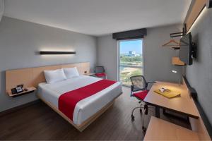 雷诺萨城市快线酒店的配有一张床、一张书桌和一扇窗户的酒店客房