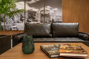 圣路易斯波托西City Express Plus by Marriott San Luis Potosi的一张带真皮沙发的咖啡桌和书籍