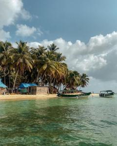 WarsobtuguaCabañas tradicionales en isla Aroma的两艘船停靠在棕榈树海滩上