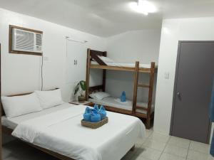 爱妮岛LALUNA COTTAGES的客房设有两张床和一张双层床。