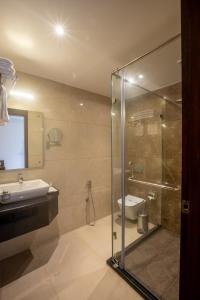 班加罗尔Golden Fortune Hotel的一间带玻璃淋浴和卫生间的浴室