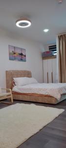 加影Melangok Homestay的一间卧室配有一张床和地毯