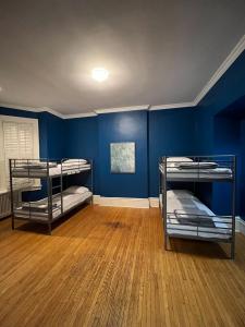 多伦多49 Hostel的客房设有两张双层床和蓝色的墙壁。