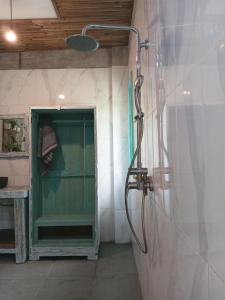 外南梦Pondok isoke bunggalow的带淋浴的浴室和绿门