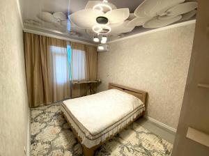 TürkistanЯсауи аппартамент的一间卧室配有一张床和吊扇