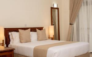 阿鲁沙Forest Hill Hotel的一间卧室配有一张大床和镜子