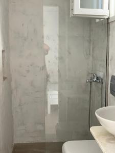 伊奥斯乔拉Zinas pension的带淋浴、卫生间和盥洗盆的浴室