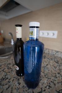 蓬塔穆赫雷斯Casa La Seba的一瓶葡萄酒旁的蓝色玻璃瓶