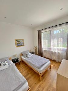 根尼斯迪亚斯Luca Apartman的一间卧室设有两张床和窗户。