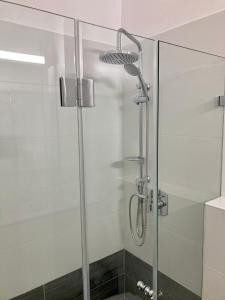 耶路撒冷Lovely New Private Duplex in Prime City Center location的浴室里设有玻璃门淋浴